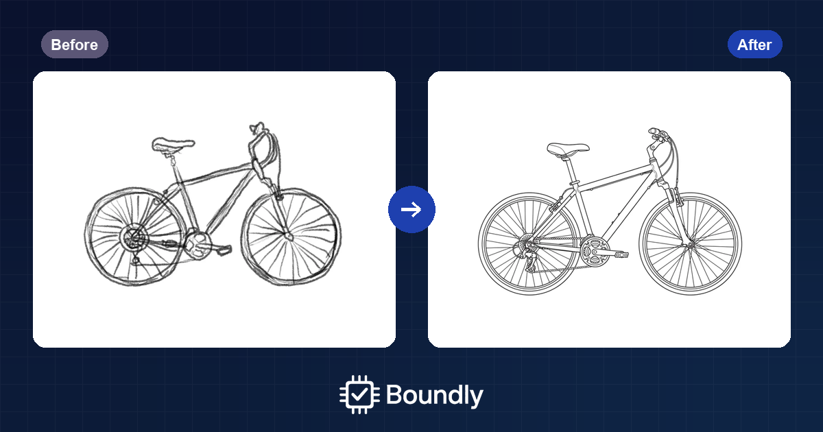 A rough bicycle sketch beside the AI-generated, USPTO-compliant patent figure